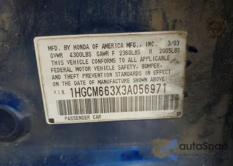 2003 Honda Accord 3.0 Lx z USA, uszkodzony, nr VIN 1HGCM663X3A056971